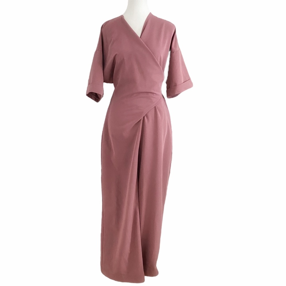 DUSTY PINK SHORT SLEEVE WIDE LEG WRAP JUMPSUIT - S
